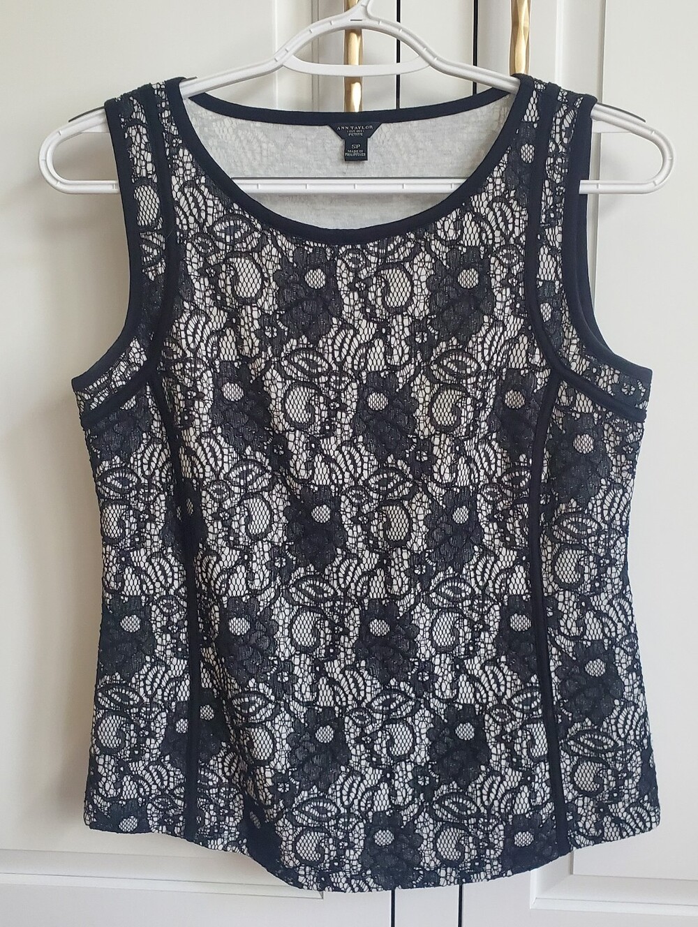 Ann Taylor Black Lace Overlay Cream Shell